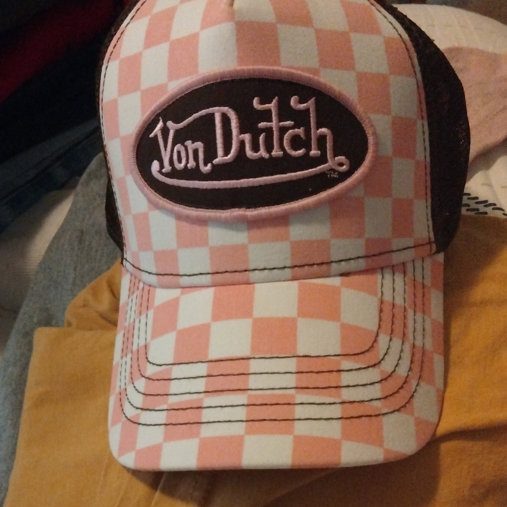 Von Dutch Pink and White Checkered Hat